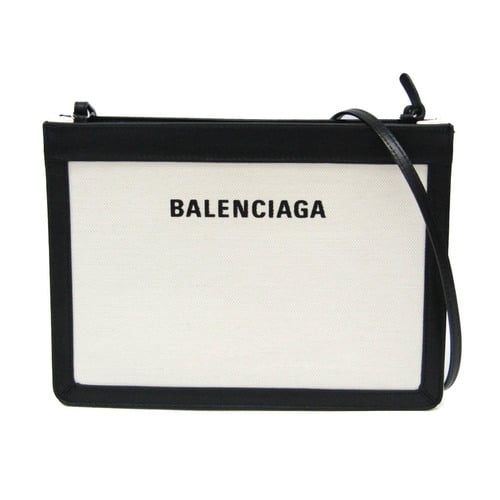 バレンシアガ(Balenciaga) ネイビー・ポシェット 339937 メンズ,レディース キャンバス,レザー ショルダーバッグ ブラック,オフホワイト