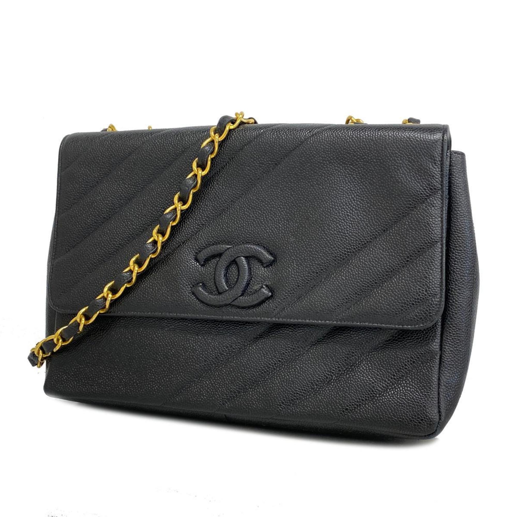 シャネル(Chanel) シャネル ショルダーバッグ Wチェーン キャビアスキン ブラック   レディース