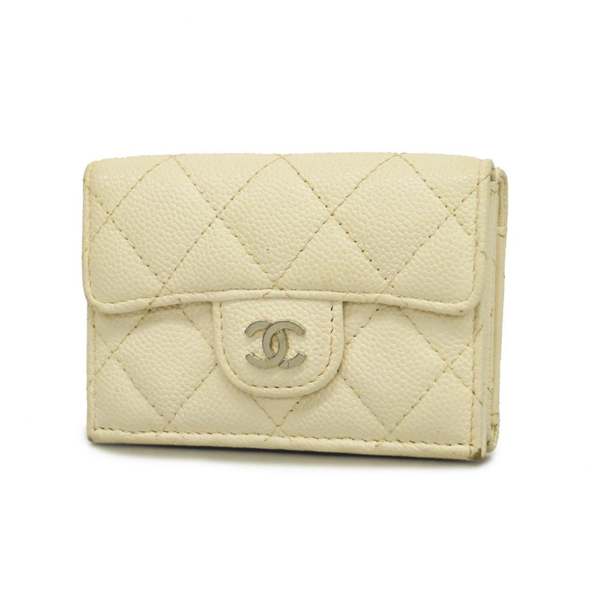 シャネル(Chanel) シャネル 三つ折り財布 マトラッセ キャビアスキン ホワイト   レディース
