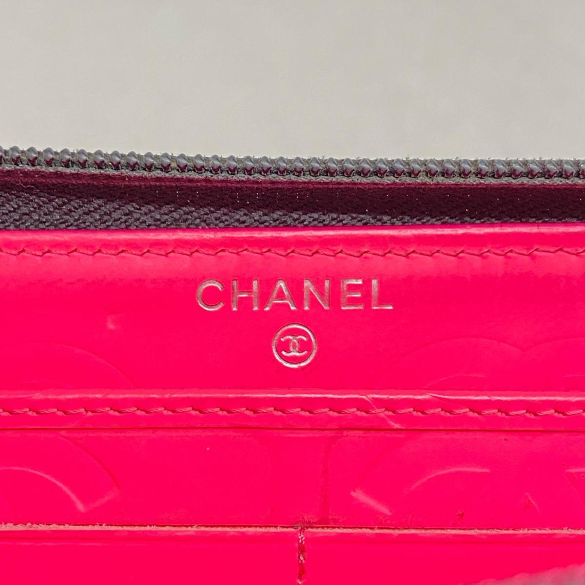 シャネル(Chanel) シャネル 長財布 カンボン ラムスキン パテントレザー ブラック ピンク   レディース