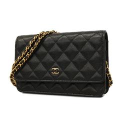 シャネル(Chanel) シャネル ショルダーウォレット マトラッセ チェーンショルダー キャビアスキン ブラック シャンパン  レディース