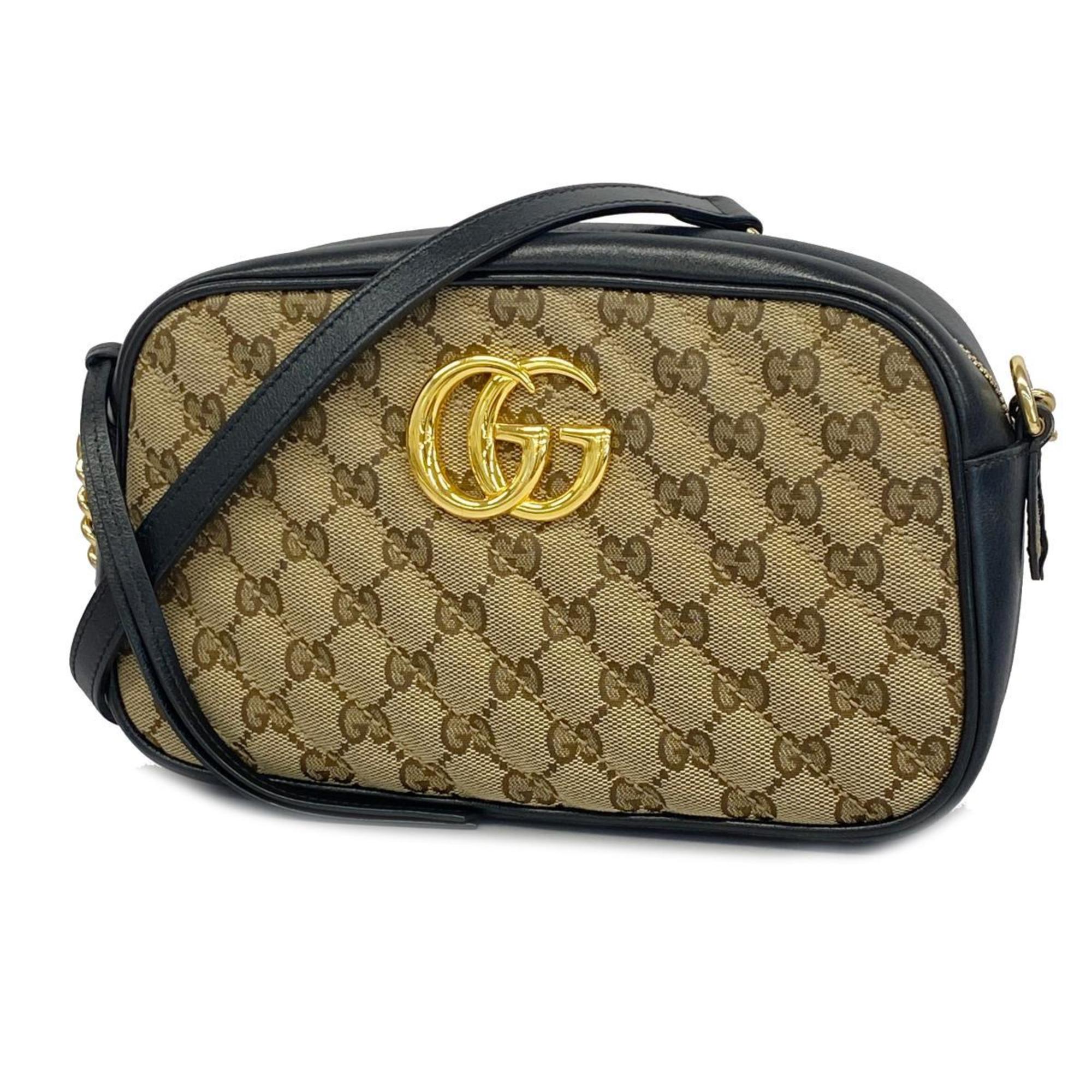 グッチ(Gucci) グッチ ショルダーバッグ GGキャンバス GGマーモント 447632 キャンバス レザー ブラック ベージュ   レディース