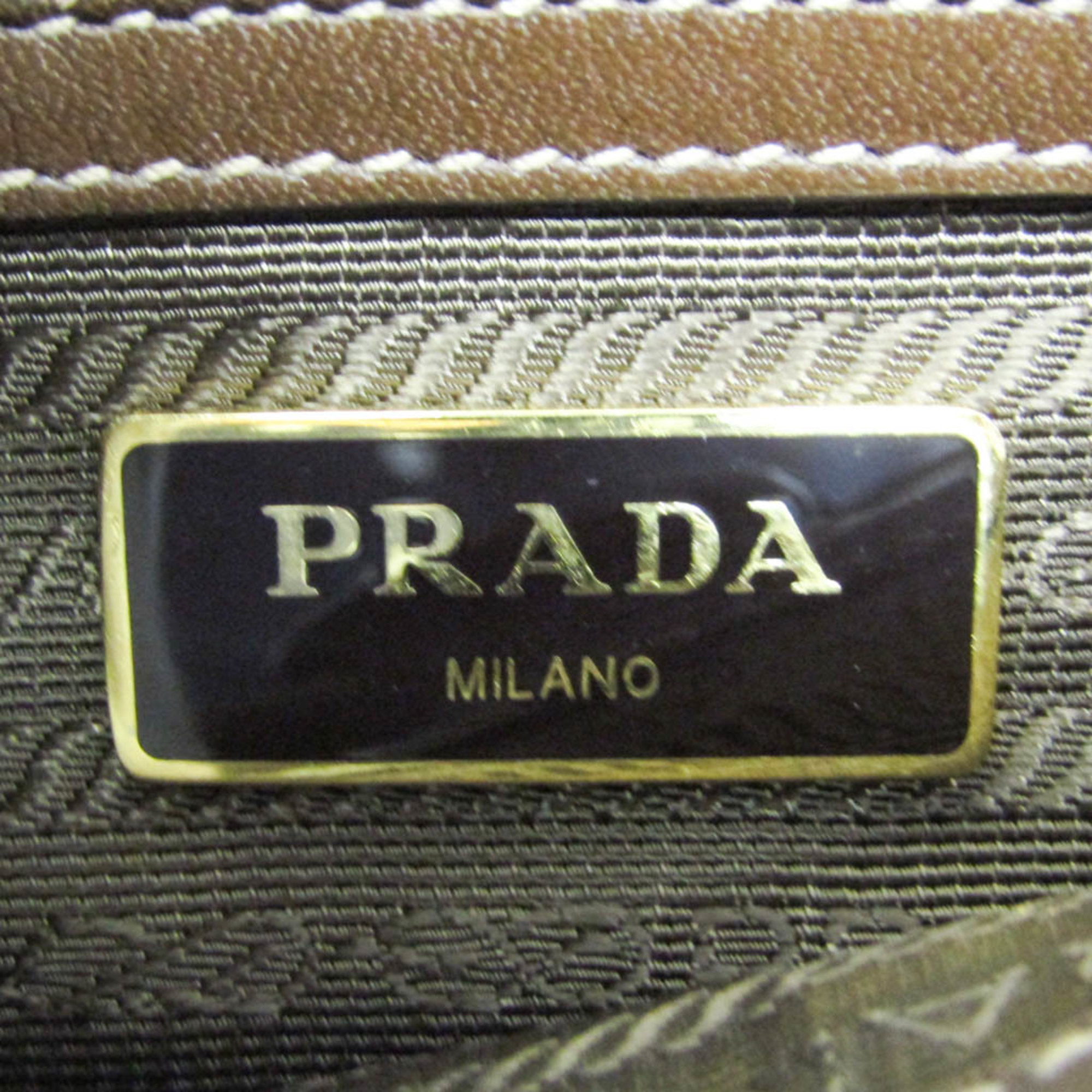 プラダ(Prada) リボン ロゴジャガード レディース レザー,ジャカード ハンドバッグ,ショルダーバッグ ベージュブラウン,ダークブラウン