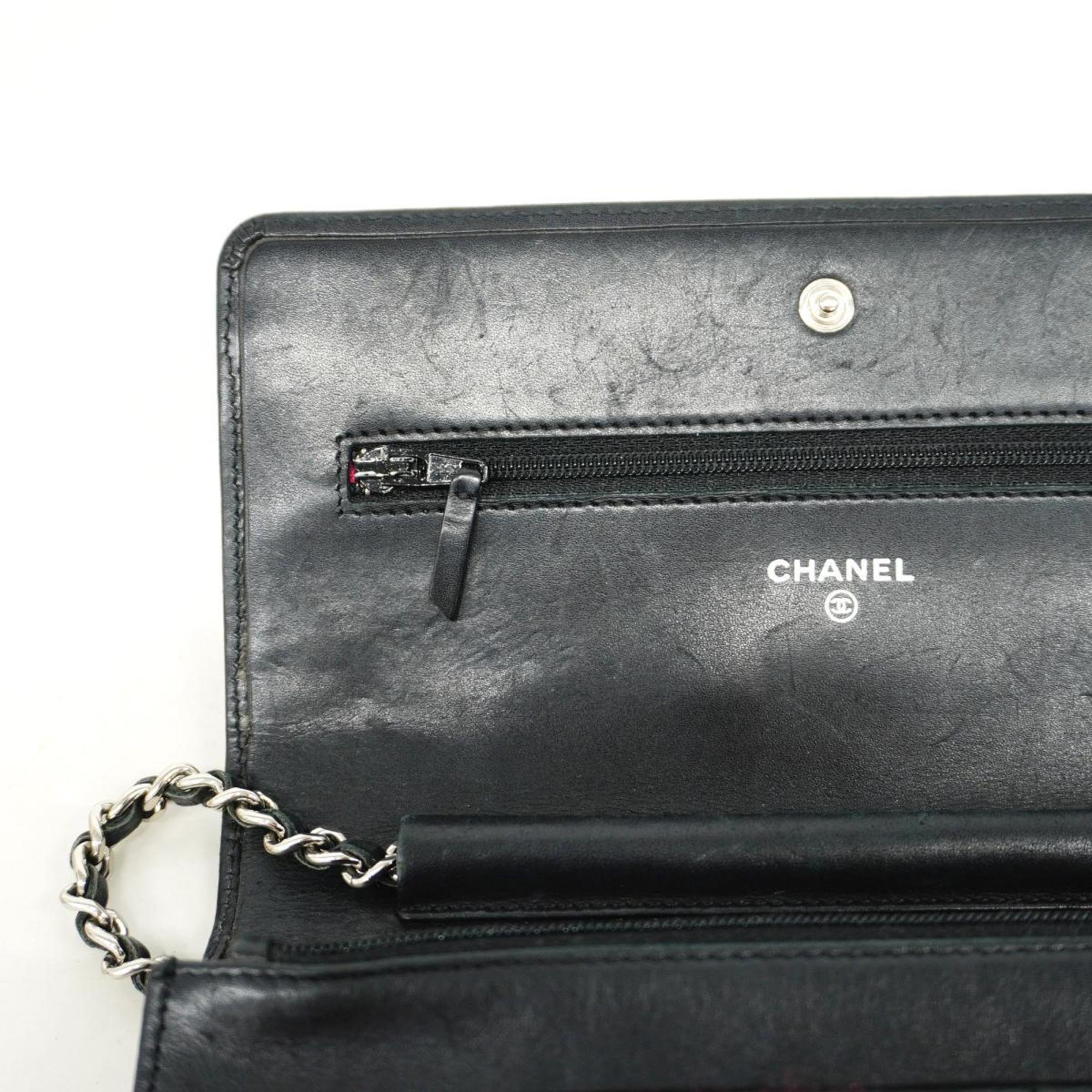 シャネル(Chanel) シャネル ショルダーウォレット カンボン チェーンショルダー ラムスキン ブラック ピンク   レディース