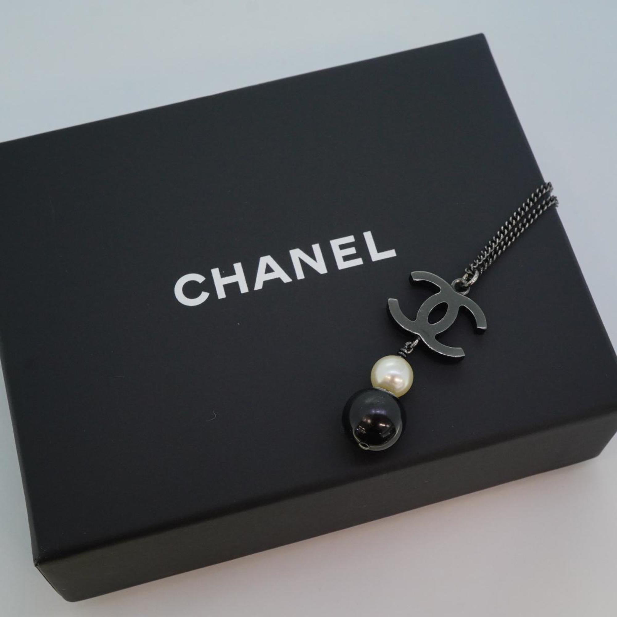 シャネル(Chanel) シャネル ネックレス ココマーク フェイクパール カラーストーン ガンメタル ブラック グレー B14B   レディース