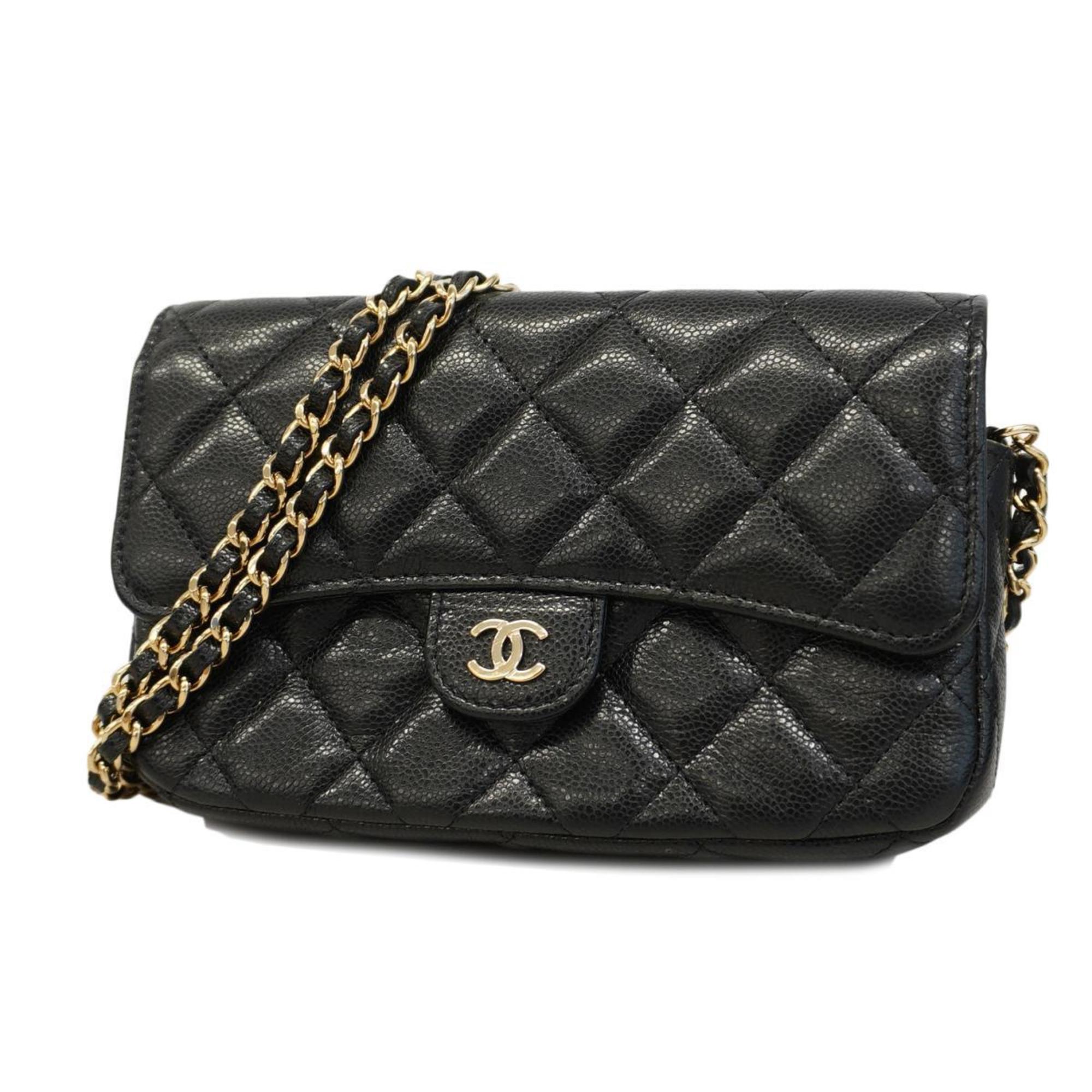 シャネル(Chanel) シャネル ショルダーウォレット マトラッセ チェーンショルダー キャビアスキン ブラック シャンパン  レディース