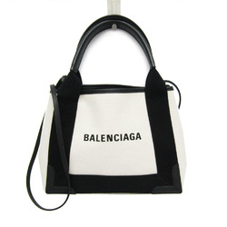 バレンシアガ(Balenciaga) Navy Cabas XS 390346 レディース キャンバス,レザー ハンドバッグ,ショルダーバッグ ブラック,オフホワイト