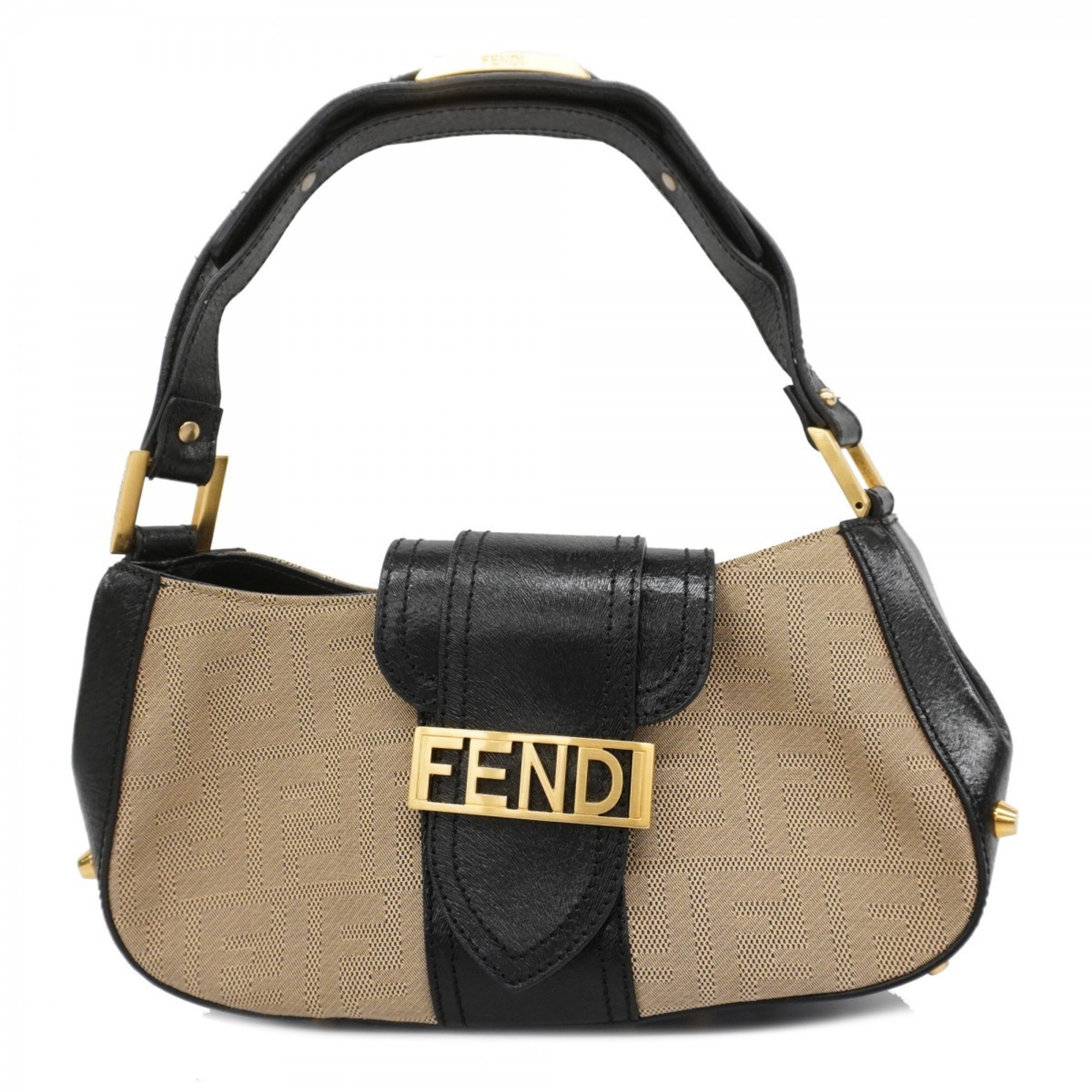 フェンディ(Fendi) フェンディ ハンドバッグ ズッカ キャンバス レザー ベージュ ブラック レディース