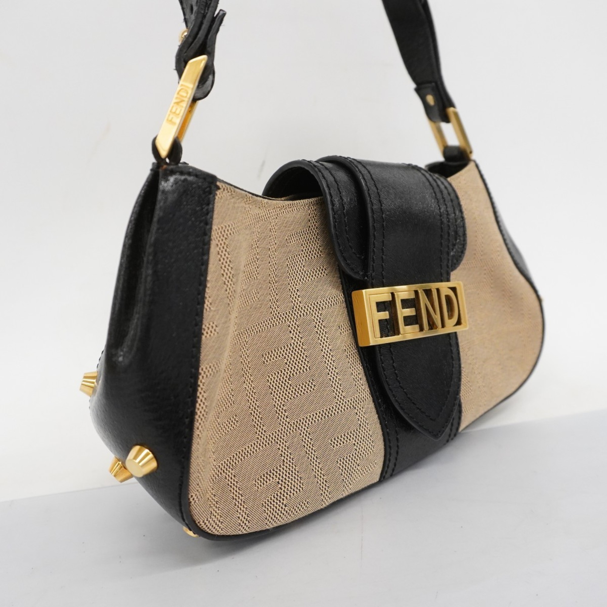 フェンディ(Fendi) フェンディ ハンドバッグ ズッカ キャンバス レザー ベージュ ブラック レディース