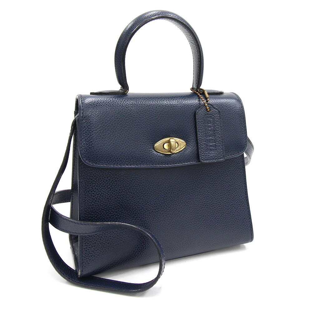 Coach 2WAY Handbag 4413 Navy Leather Shoulder Bag Turn Lock Old