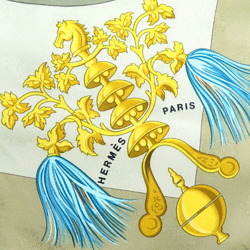 Hermes Carre Muffler 90 Plumes et Grelots Feathers and Bells Silk Beige Scarf 0126 HERMES