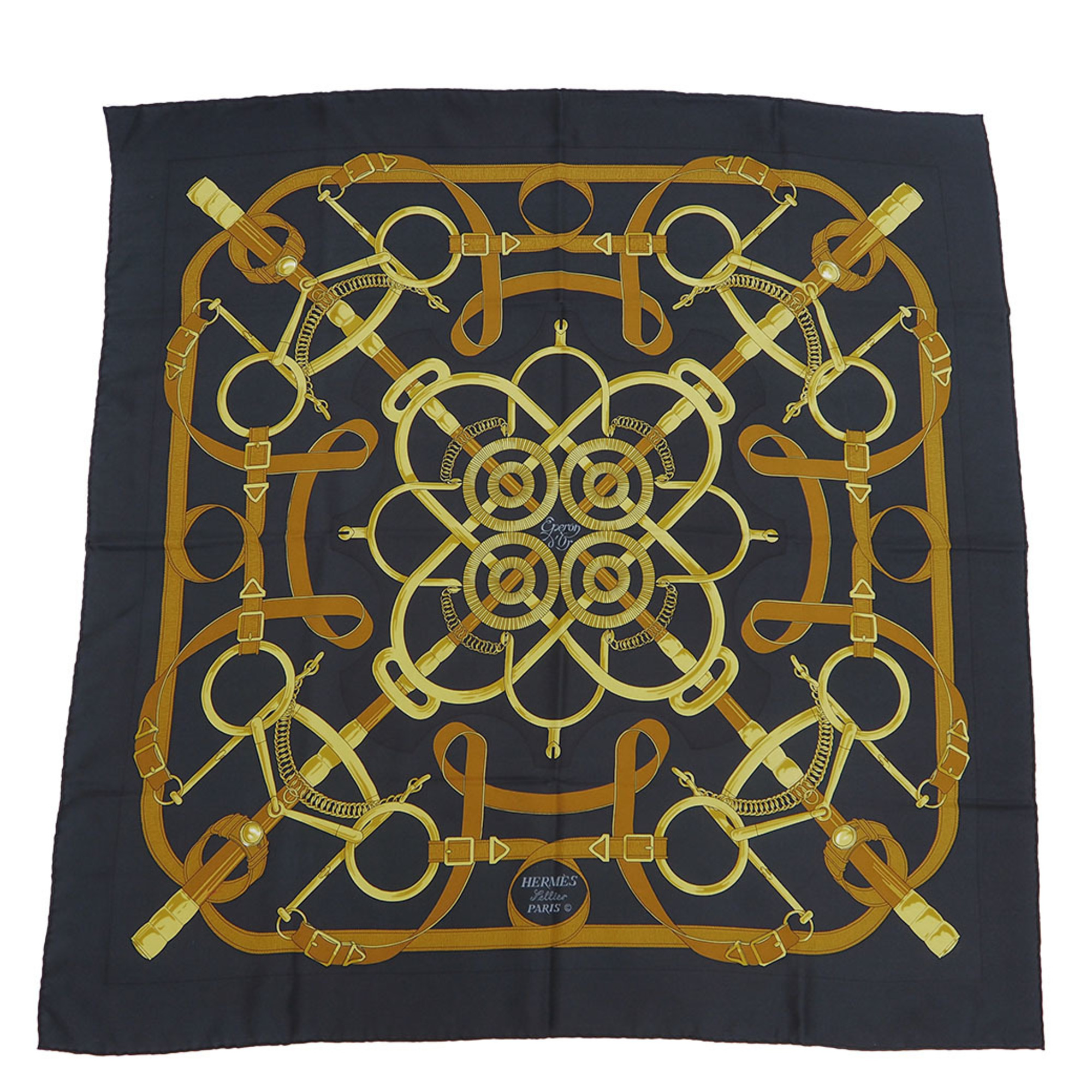 HERMES Hermes Carre 90 Eperon d'or Golden Spur Pellier Black x Yellow H.d'ORiGNY Scarf Muffler