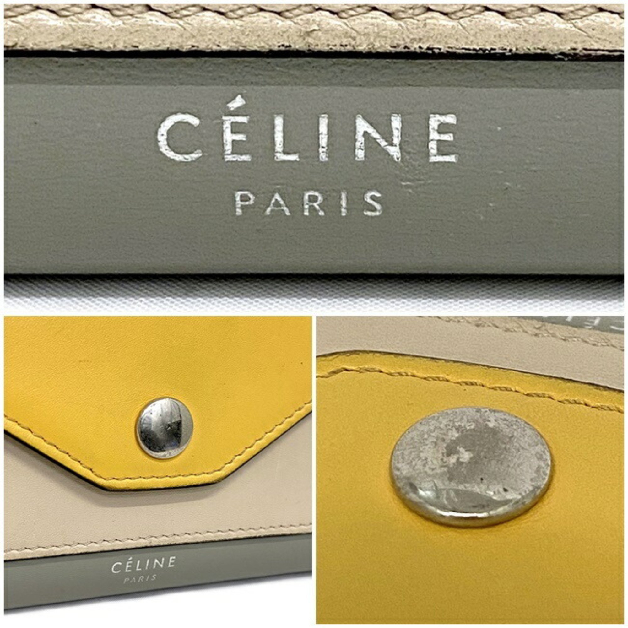 Celine Tri-Fold Wallet Trifold Multifunction Yellow Gray Beige 105853 Leather CELINE Calfskin Women's Genuine