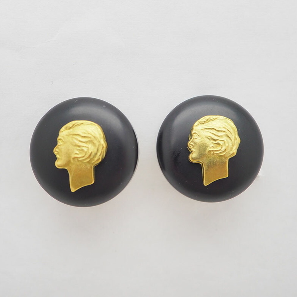 CHANEL 95P Vintage Coco Chanel Earrings Black x Gold Cameo Style