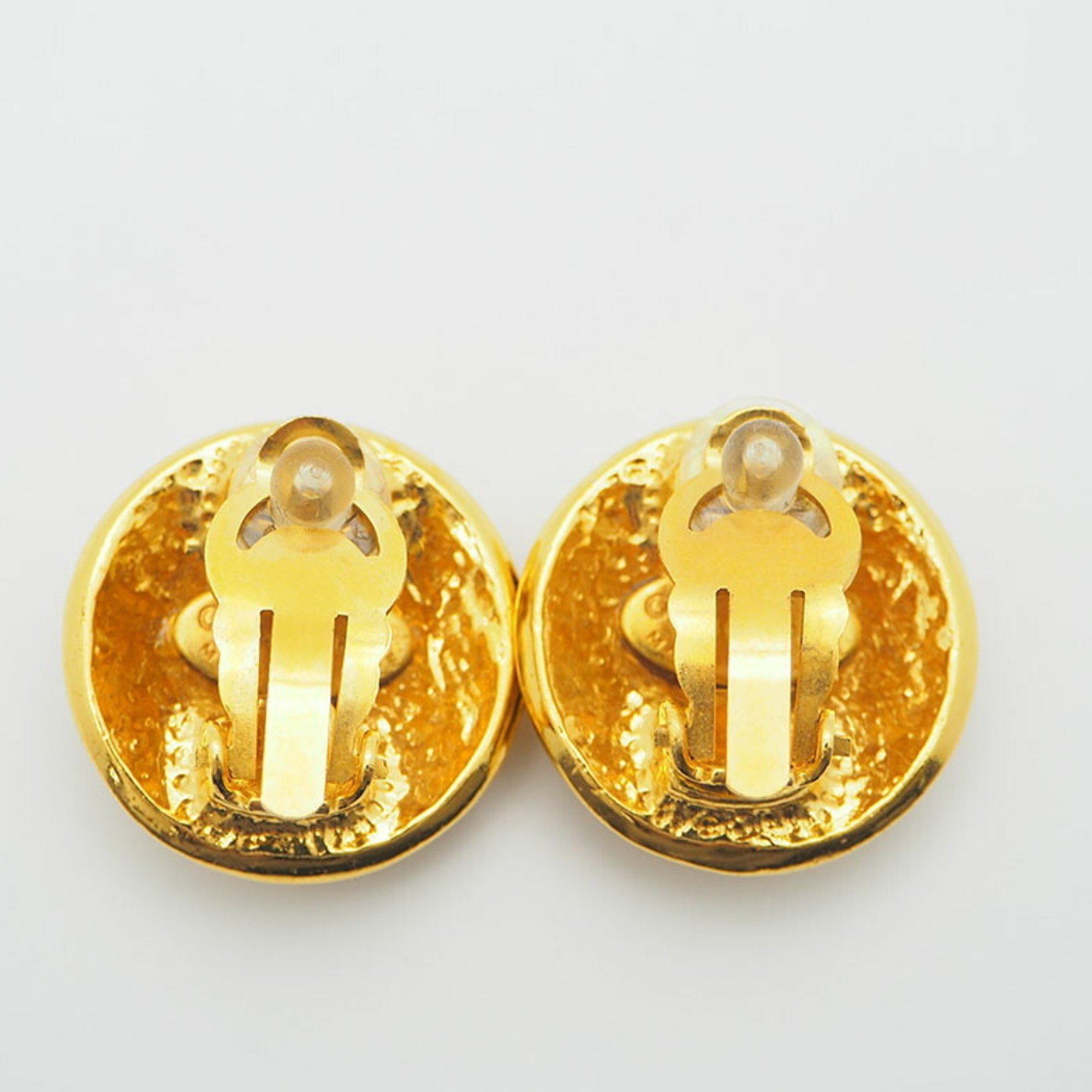 CHANEL 94P Vintage Round Coco Earrings Gold Border Logo