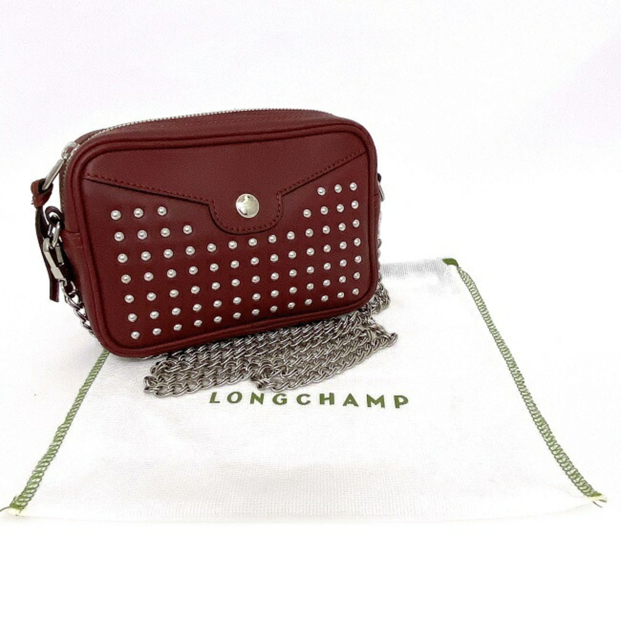 Longchamp Shoulder Bag Bordeaux 2088-HLV-009 Leather LONCHAMP Studs Pochette Ladies Chain