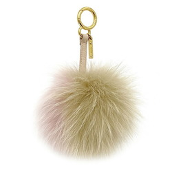 Fendi Charm Pink Beige Gold 7AR259 Fur FENDI Bag Round Key Ring Keychain Women's Pompon Leather Strap