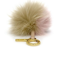 Fendi Charm Pink Beige Gold 7AR259 Fur FENDI Bag Round Key Ring Keychain Women's Pompon Leather Strap