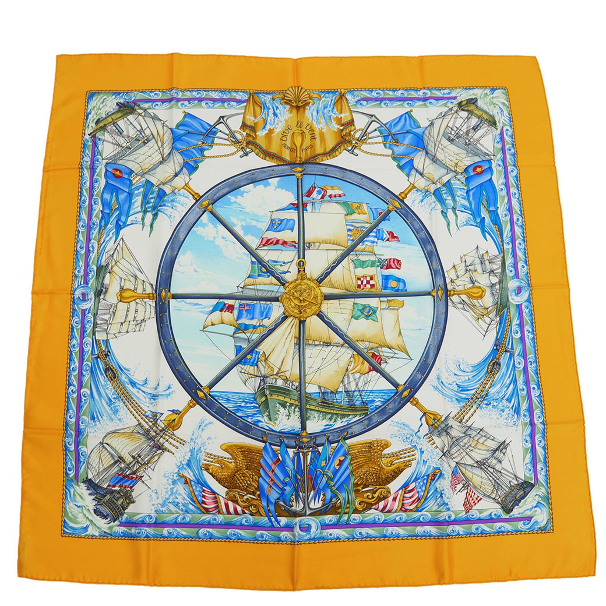 HERMES Hermes Carre 90 Vive le ven Wind Blow Yellow Rudder Ship Scarf Muffler