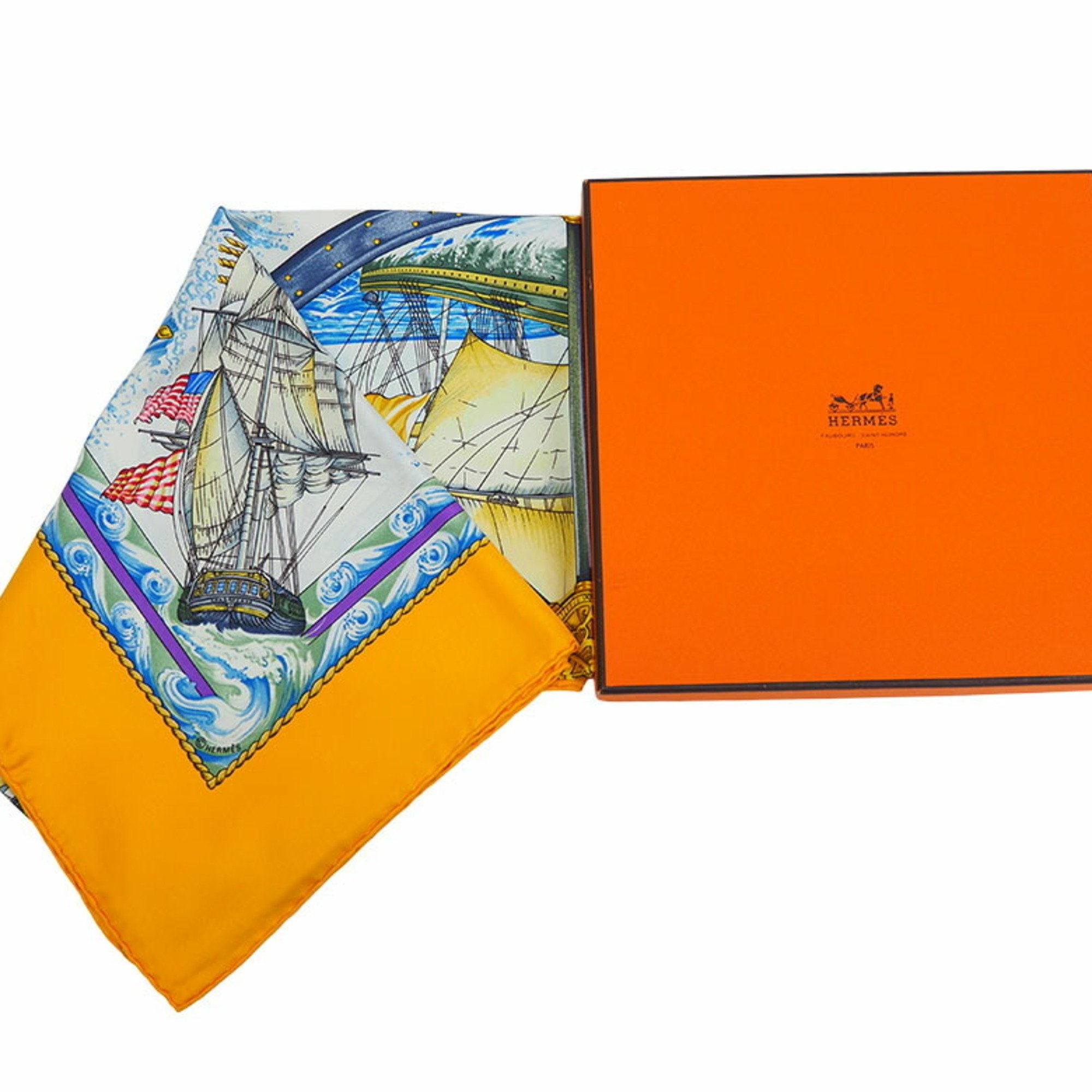 HERMES Hermes Carre 90 Vive le ven Wind Blow Yellow Rudder Ship Scarf Muffler