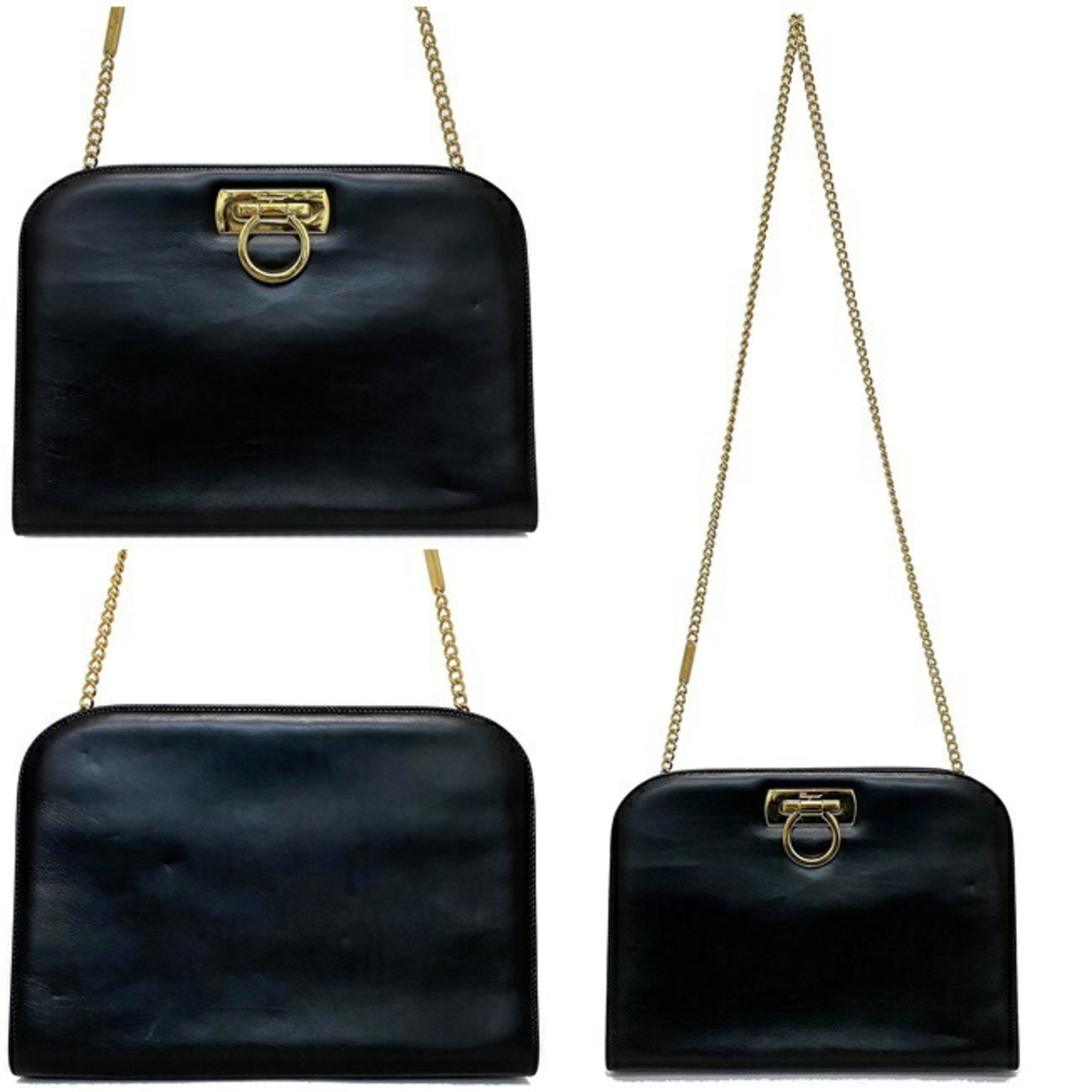 Salvatore Ferragamo Ferragamo Chain Shoulder Bag Black Gold Gancini P21 0587 Leather Calf Salvatore Metal Fittings