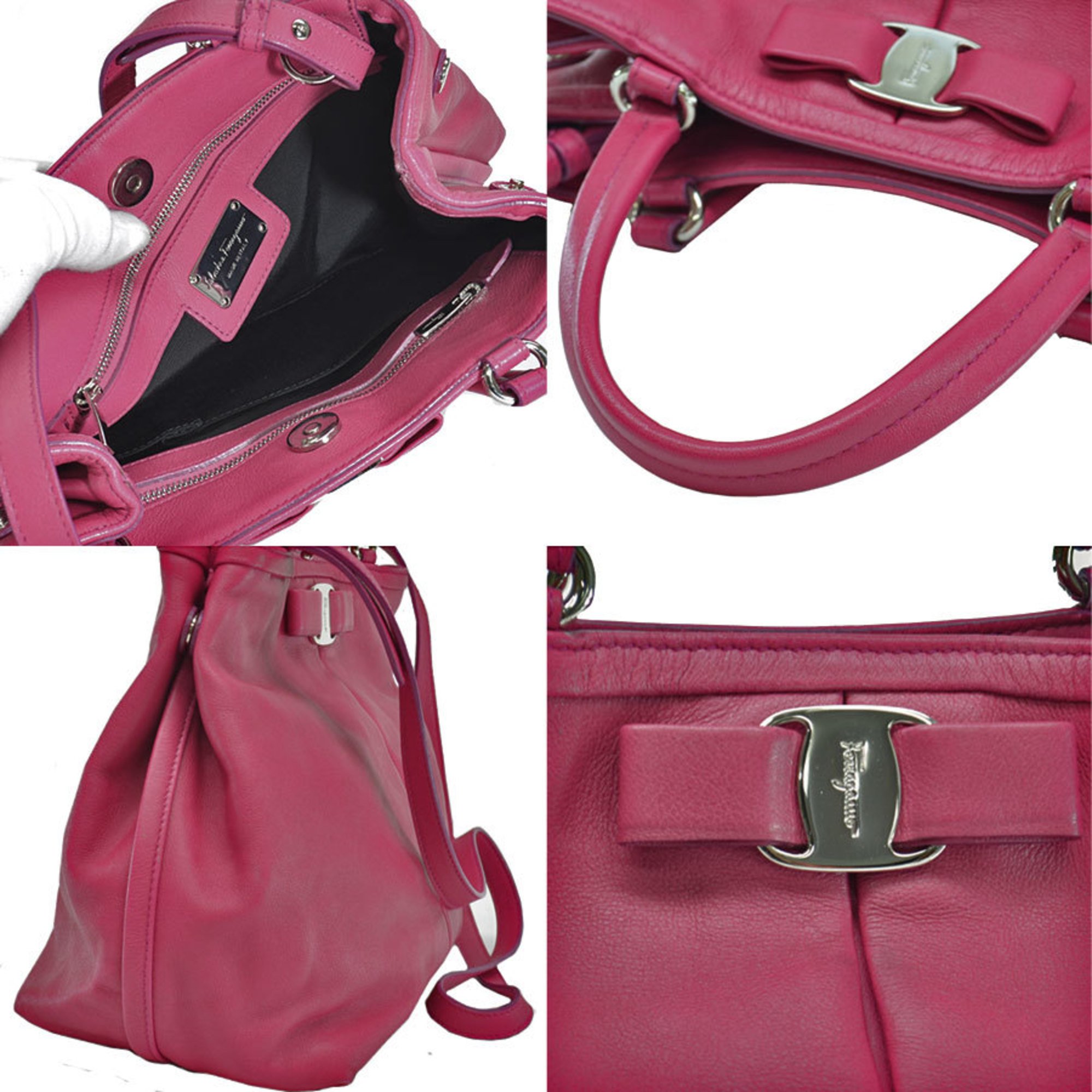 Salvatore Ferragamo Bag Vala Ribbon Red Pink Silver Leather Handbag Shoulder Ladies