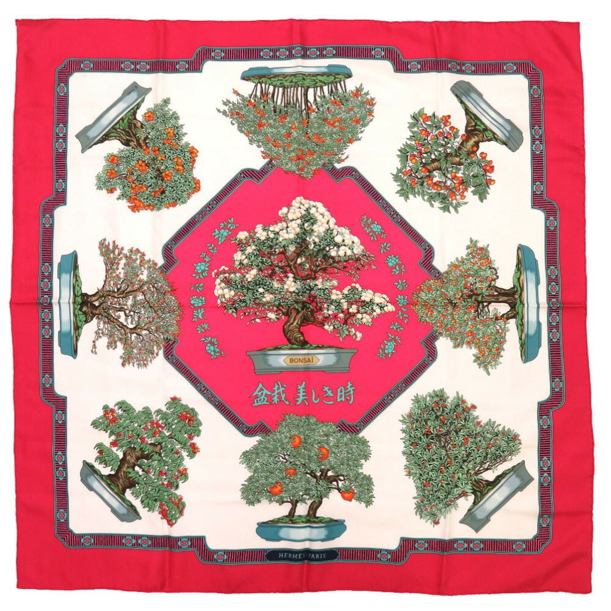 Hermes Carre Muffler 90 Bonsai Beautiful Town Silk Red Scarf 0009 HERMES