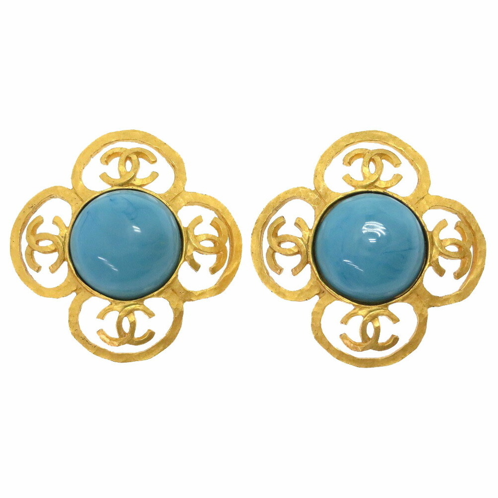Chanel Color Stone Clover 95P Blue Gold Earrings 0761 CHANEL