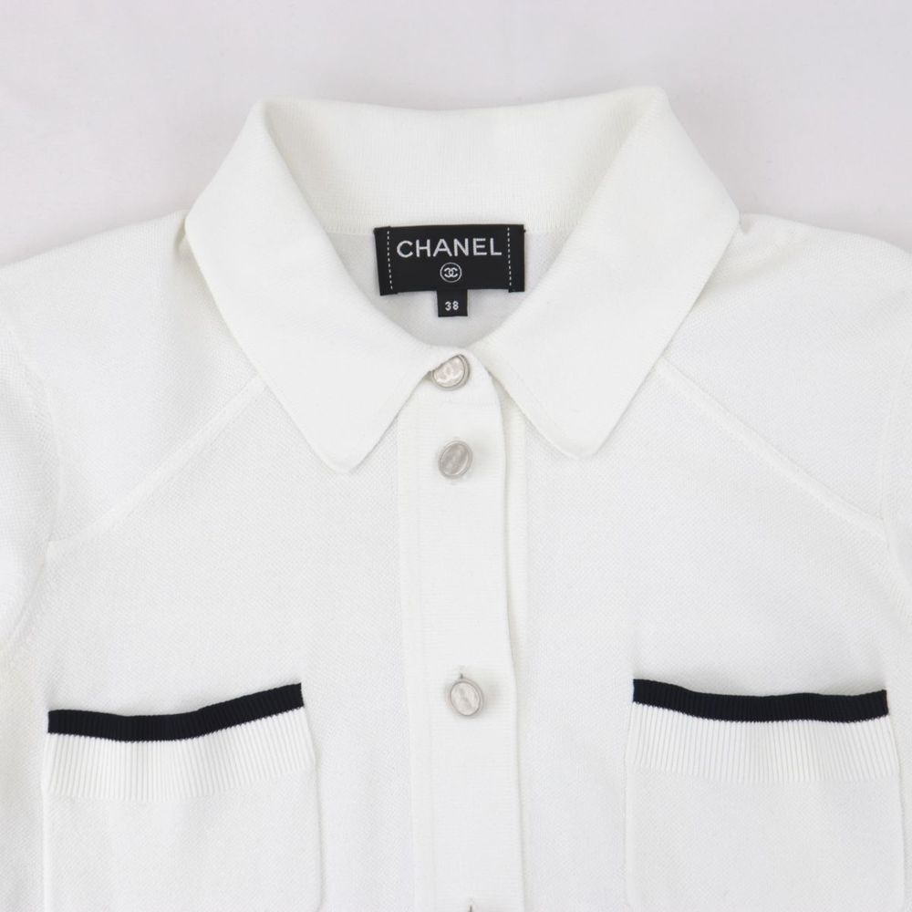 Chanel 2017 Rayon Knit Blouse Women's White Black 38 Long Sleeve Shirt Coco  Mark P55