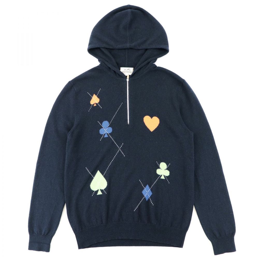 Hermes Playing Cards Half Zip Cashmere Knit Hoodie Men's Navy L Hoody  Sweater | eLADY Globazone