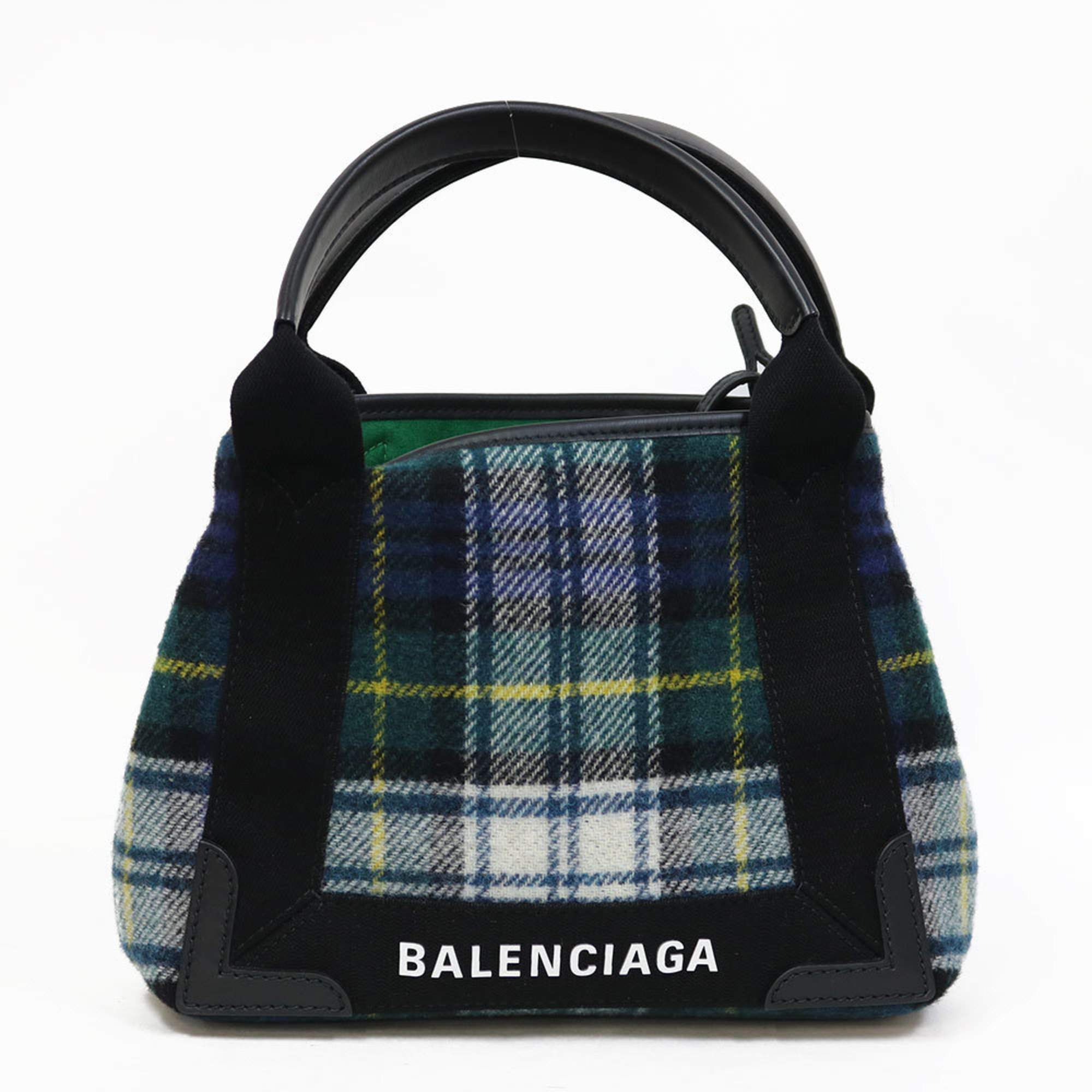 Balenciaga Handbag Navy Cabas Plaid Small Green Women's Men's