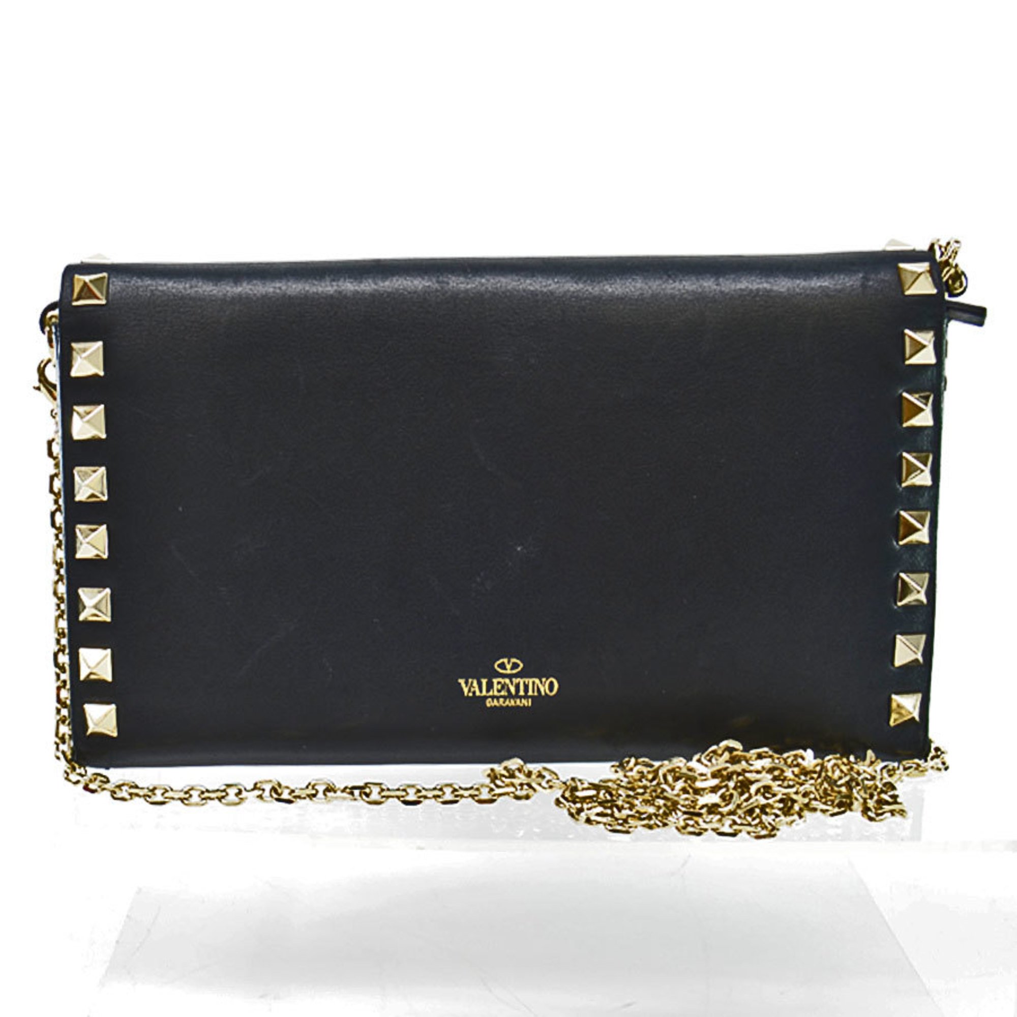 Valentino Garavani VALENTINO GARAVANI long wallet black champagne gold leather bi-fold chain ladies