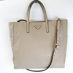 Prada Womens Leather Shoulder Bag Tote Bag Beige