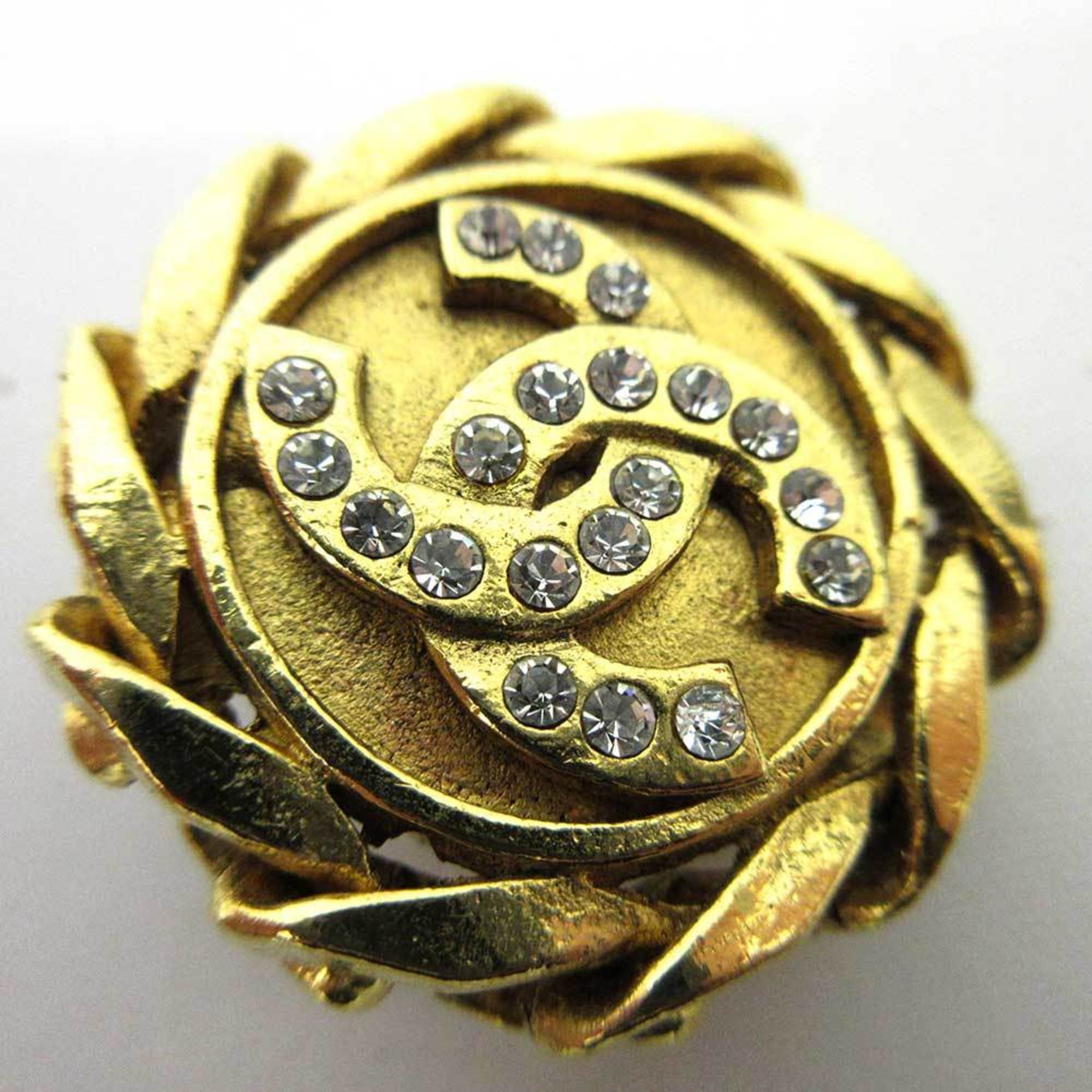 Chanel Earring Clip Gold Color Round Rhinestone Coco Mark Ladies Metal