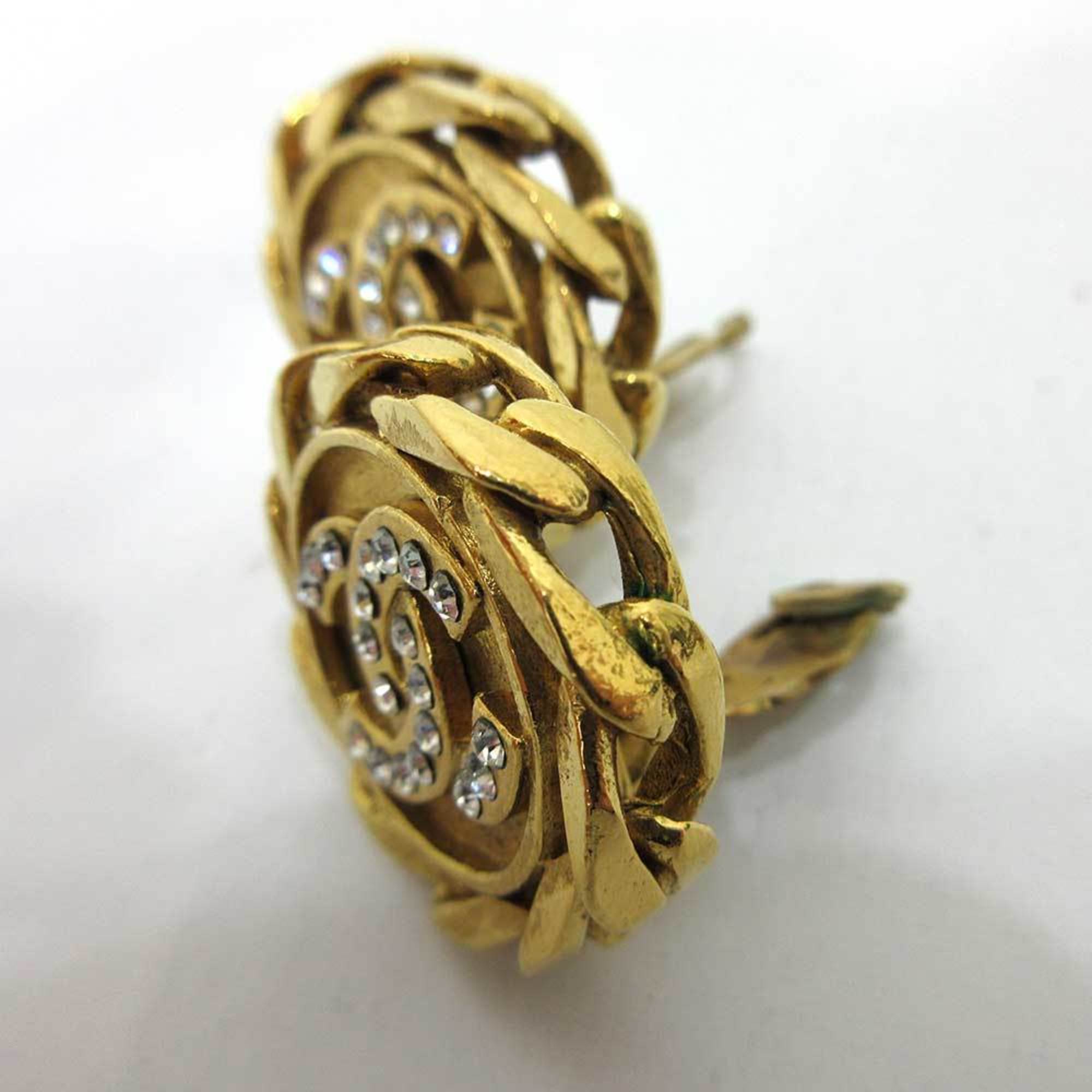 Chanel Earring Clip Gold Color Round Rhinestone Coco Mark Ladies Metal