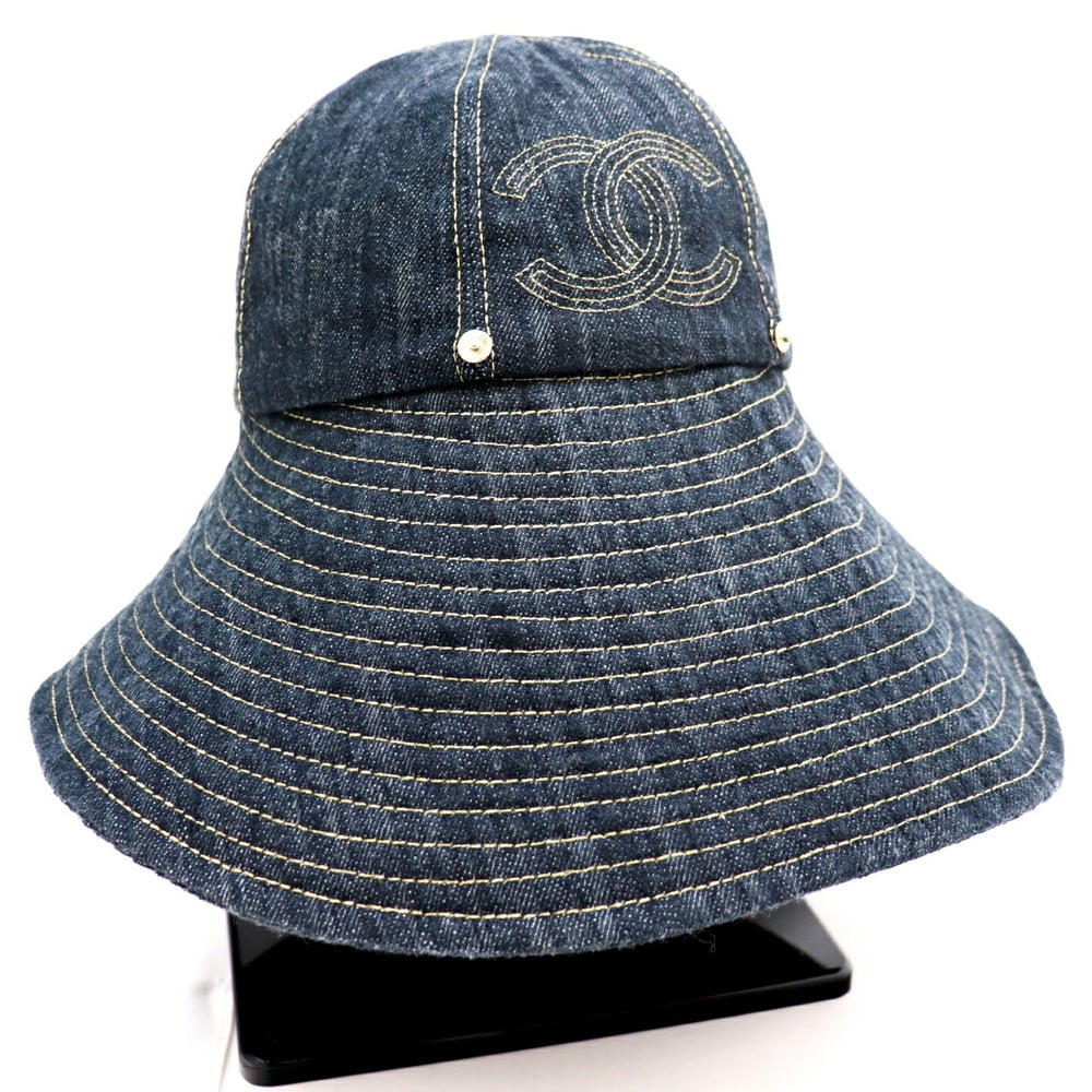 Chanel Coco Mark Denim Capelin Hat Women's Indigo M Cotton Bucket