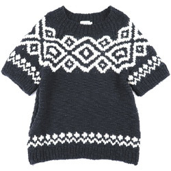Moncler Crew Neck Short Sleeve Knit Tops Womens Black XS Wool Blend Argyle Pattern