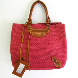 Balenciaga 259562 Women's Raffia,Leather Tote Bag Brown,Pink