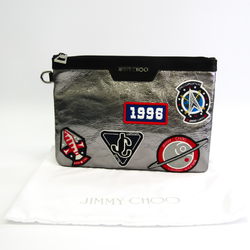 Jimmy Choo Metallic Fabric Patch Unisex Leather,Fabric Clutch Bag Black,Silver