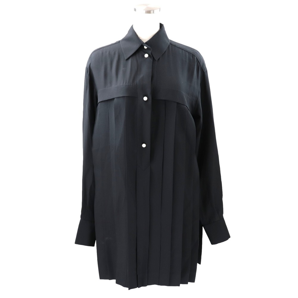 Chanel 13SS Pleated Silk Shirt Dress Women's Black 36 Pearl Button