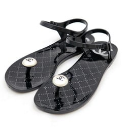Chanel Coco Mark Pearl Rubber Sandals Womens Black 36 Flat Strap