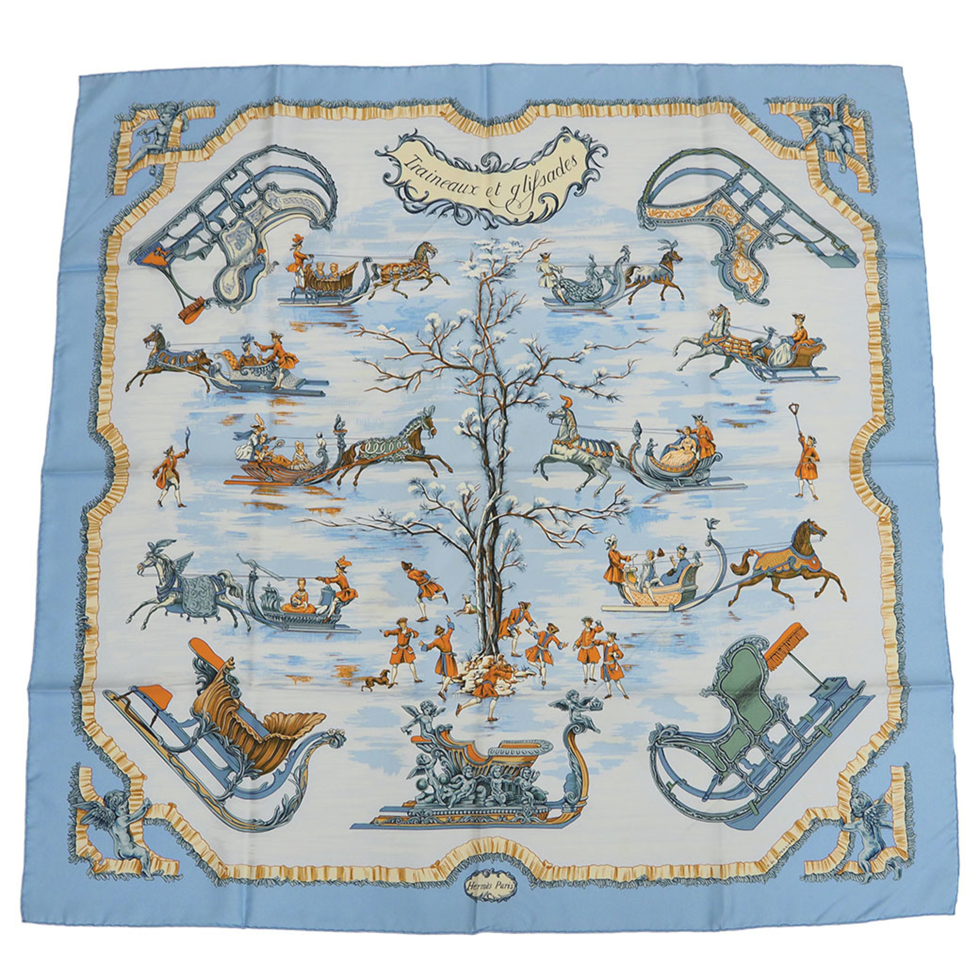 HERMES Hermes Carre 90 Traineaux et glifsades Sori and Skate Horse Light Blue Scarf Muffler