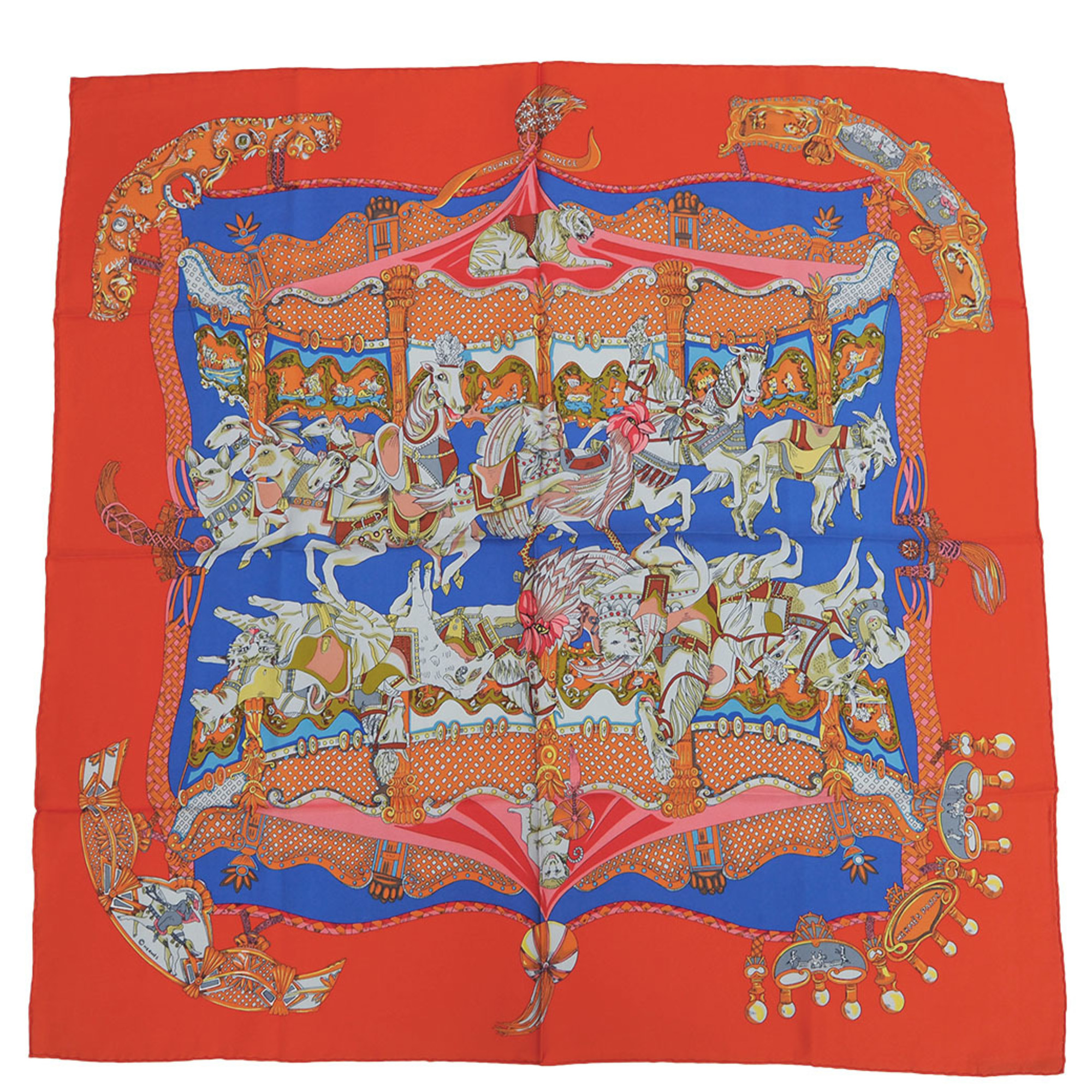 HERMES Hermes Carre 90 TOURNEZ MANEGE Merry-Go-Round Orange x Light Blue Scarf Muffler