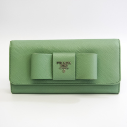 Prada Saffiano Ribbon Women's Leather Long Wallet (bi-fold) Lime Green