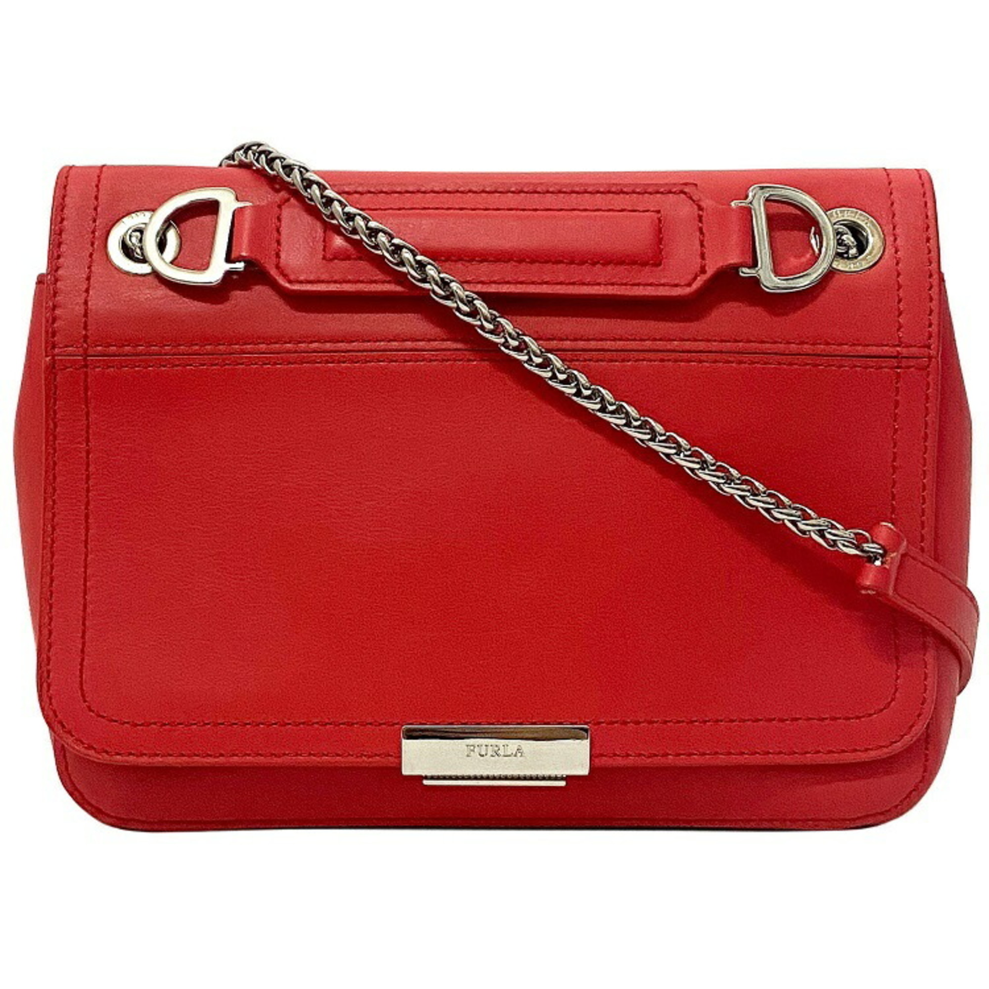 Furla Red Silver Leather FURLA Chain Flap Women's Soft