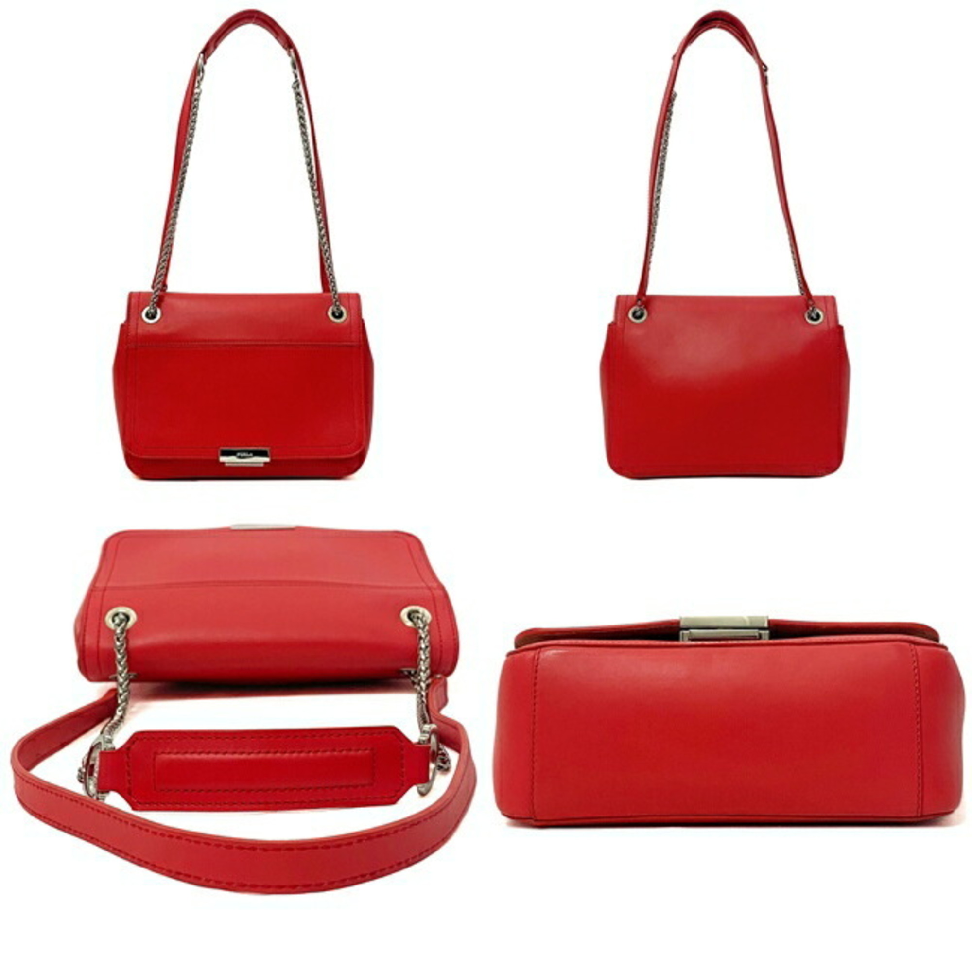 Furla Red Silver Leather FURLA Chain Flap Women's Soft