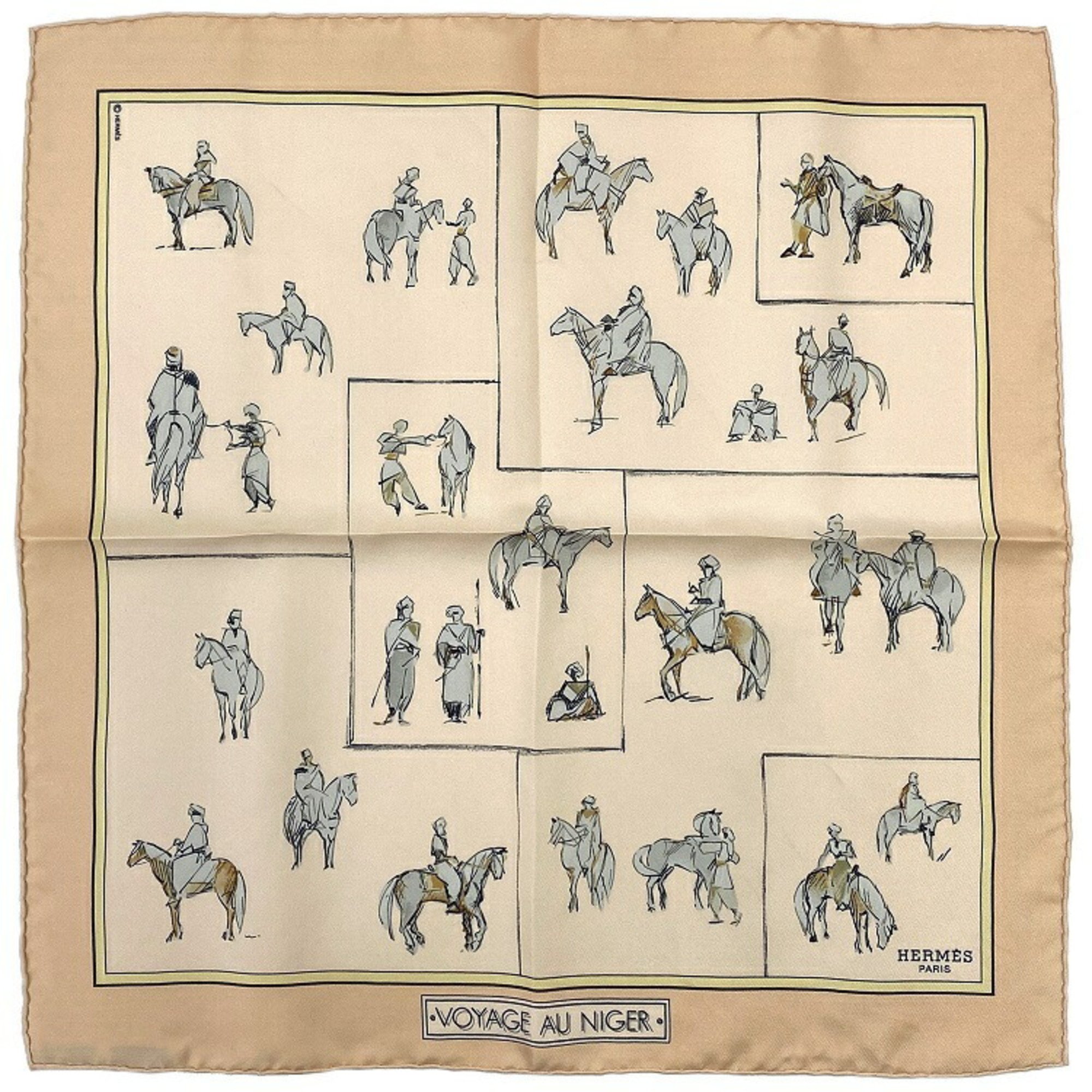 Hermes Scarf Muffler Petit Carre Beige VOYAGE NIGER Silk HERMES 40 Horse Pattern Voyage Handkerchief Mini Size Ladies