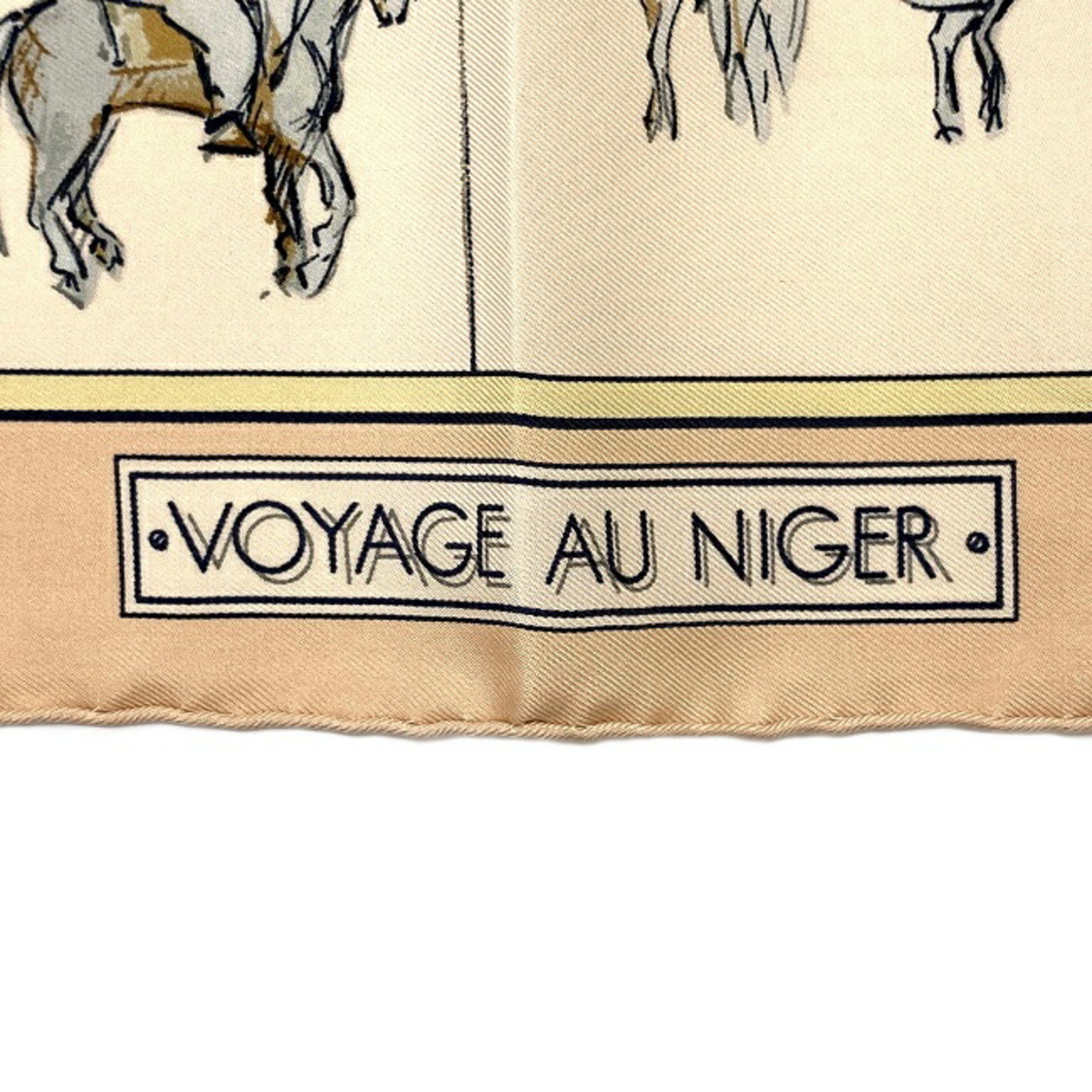 Hermes Scarf Muffler Petit Carre Beige VOYAGE NIGER Silk HERMES 40 Horse Pattern Voyage Handkerchief Mini Size Ladies