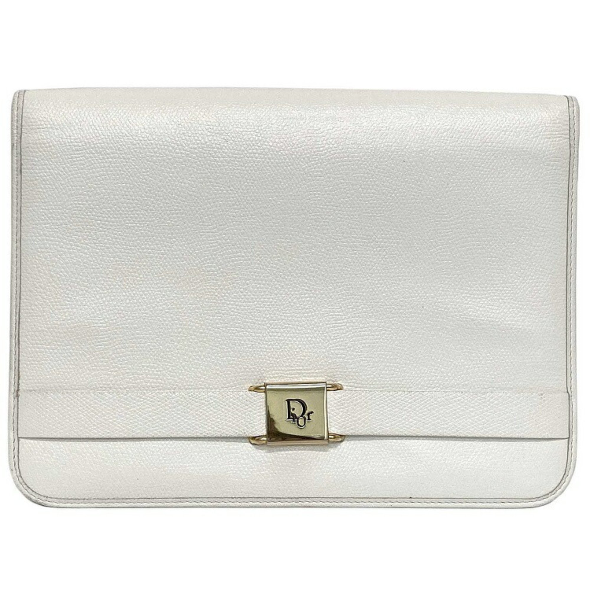 Christian Dior Clutch Bag White Gold Flap Leather Plate Ladies