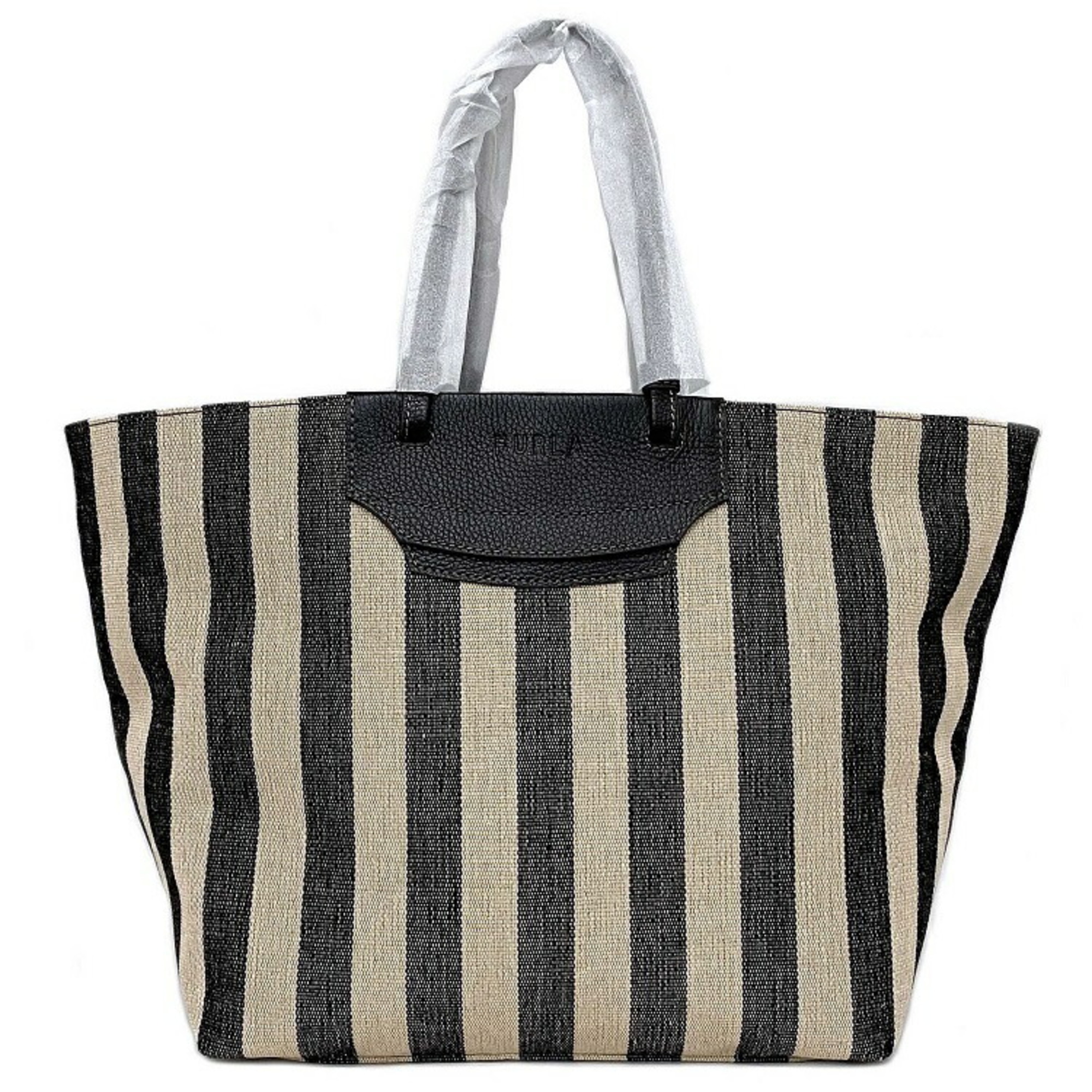 Furla Tote Bag Beige Black XB00510 BX0635 Canvas Leather FURLA Striped Laundry Large Ladies Natural